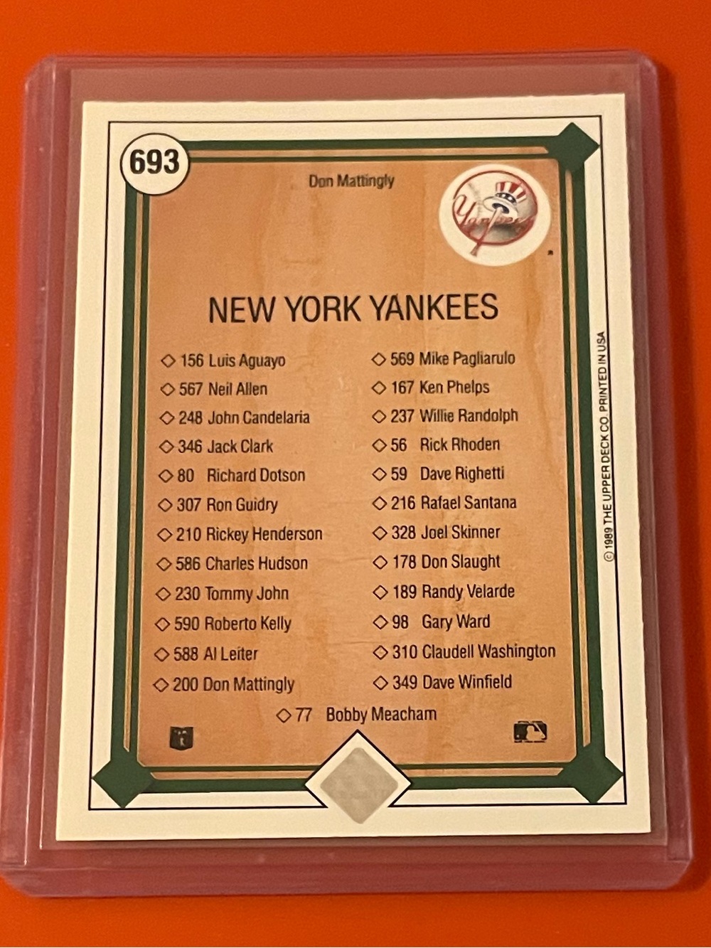 Don Mattingly : Yankees Checklist #693 1989 Upper Deck Baseball Trading Card - Picture 2 of 2